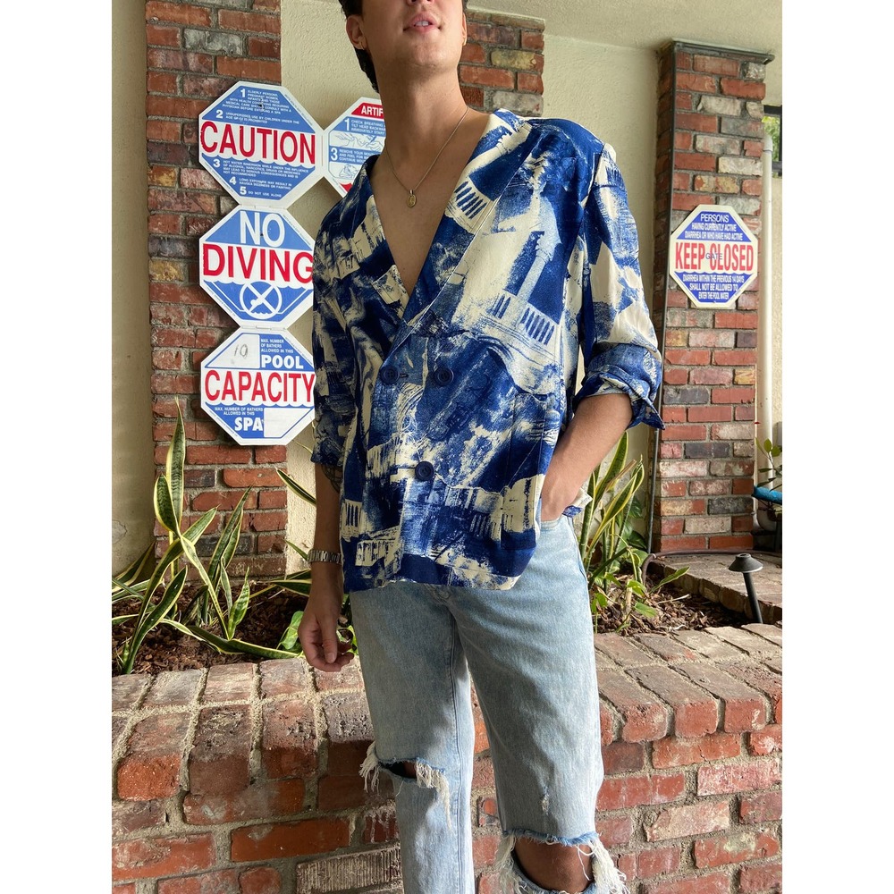 90s Vintage Jacket | Blue and White Printed Blazer | Mid Length Sleeve Coat